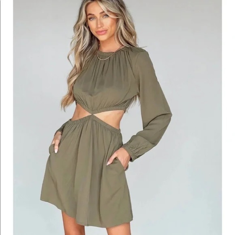Cut Out Long Sleeve Dress in Olive Green